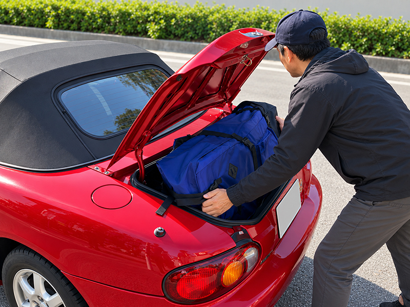収納ザックを小型オープンカーのトランクに積み込む様子